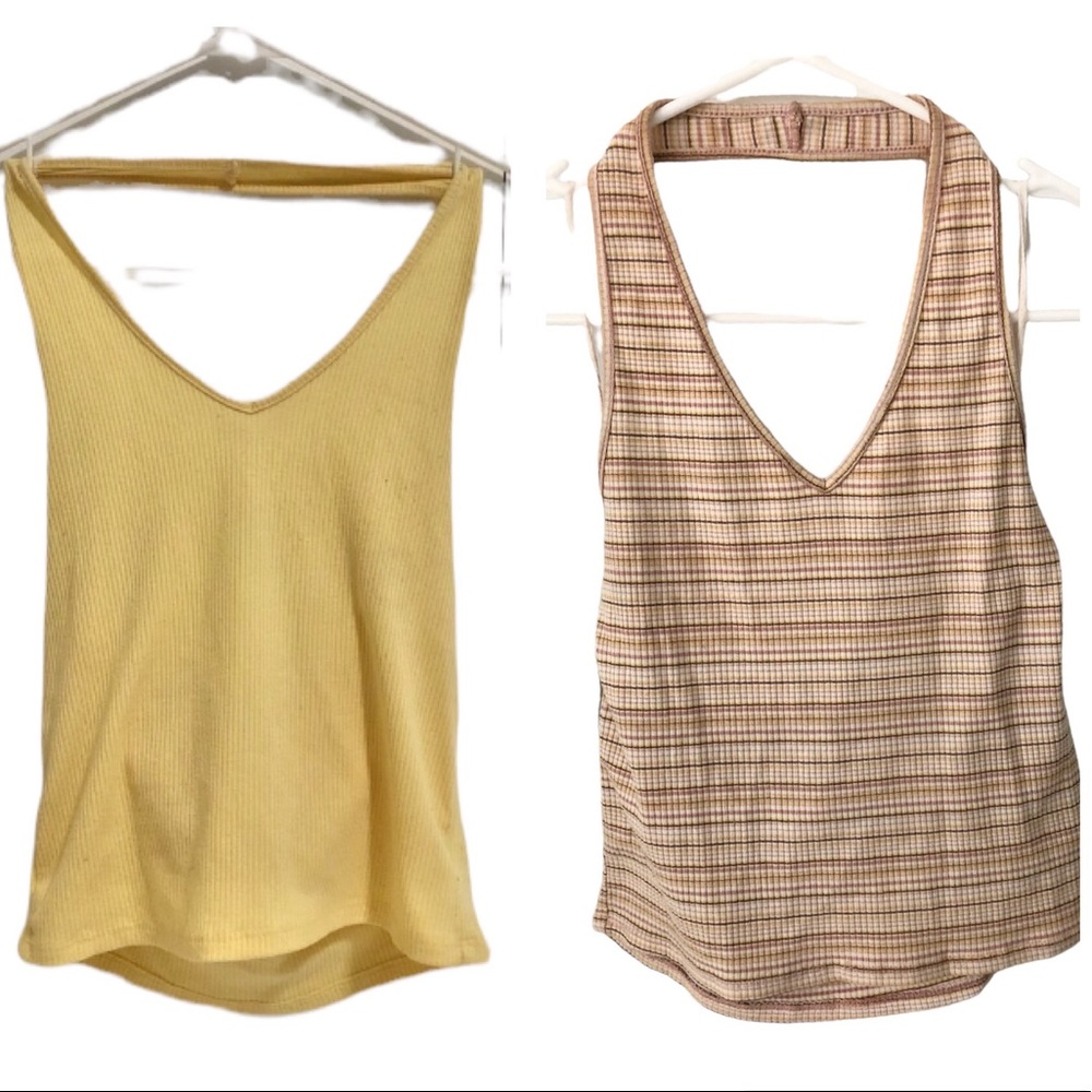 2 American Eagle Outfitters yellow soft ribbed halter crop tops size medium